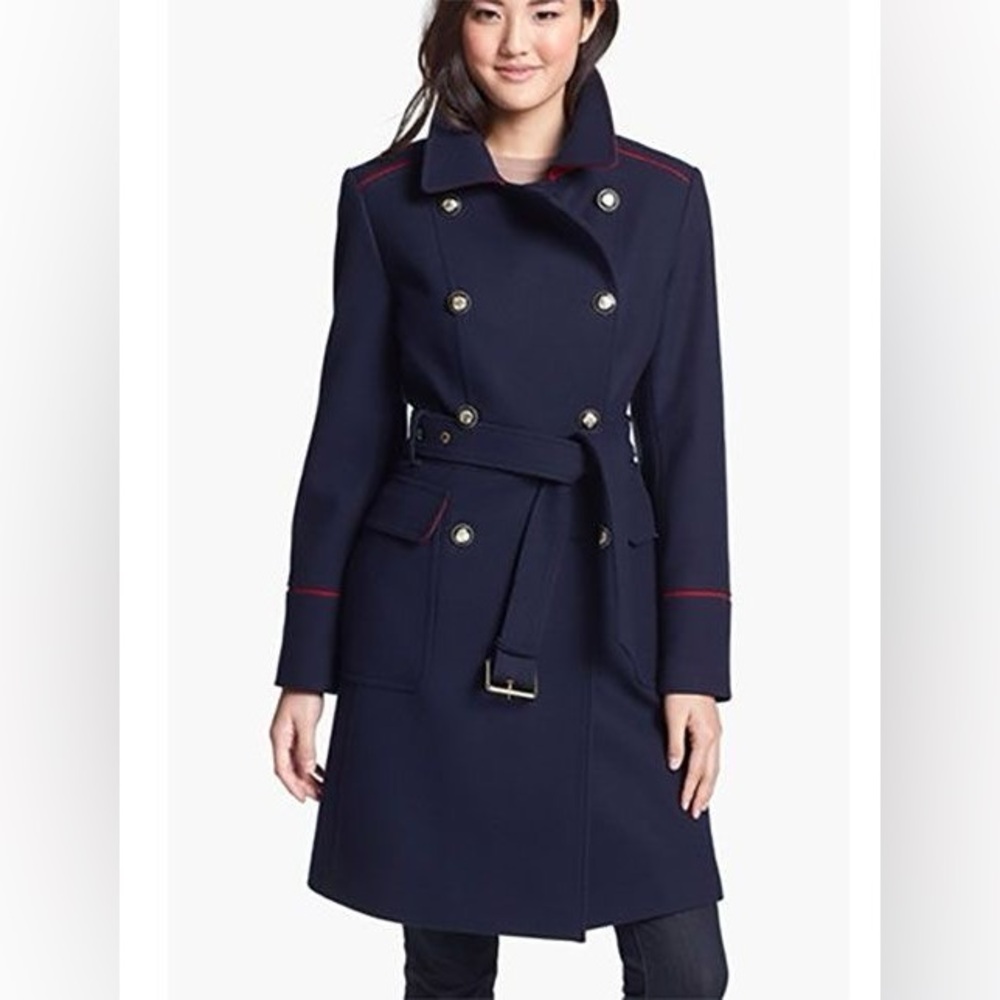 Vince Camuto Contrast Piping Belted Military Coat - Navy - M